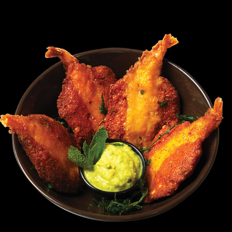 Fried Lentil Cakes, Prawns & Coconut Chutney